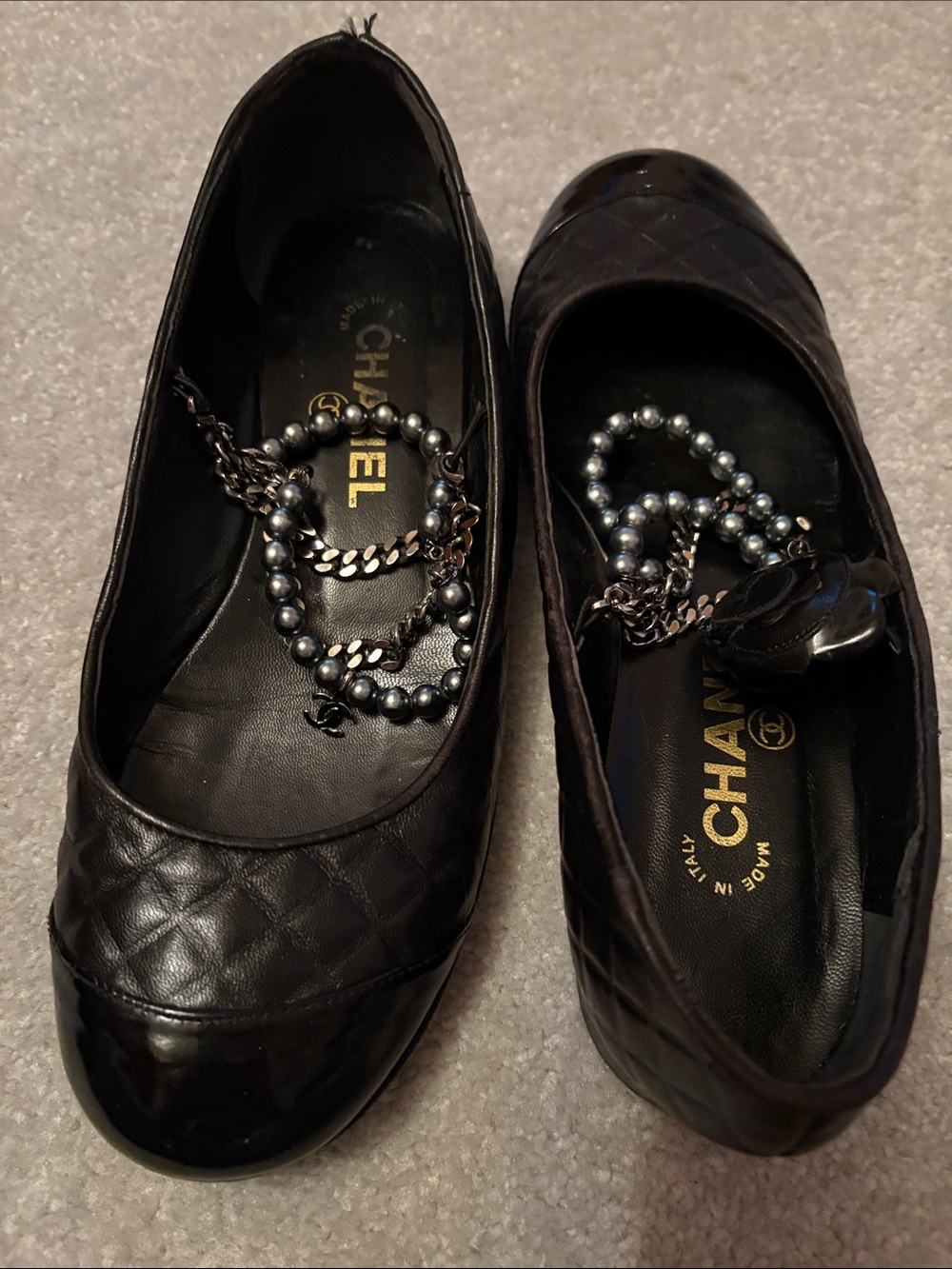 Vintage CHANEL Black Quilted Leather Ballet Flats with Gold Logo Insole